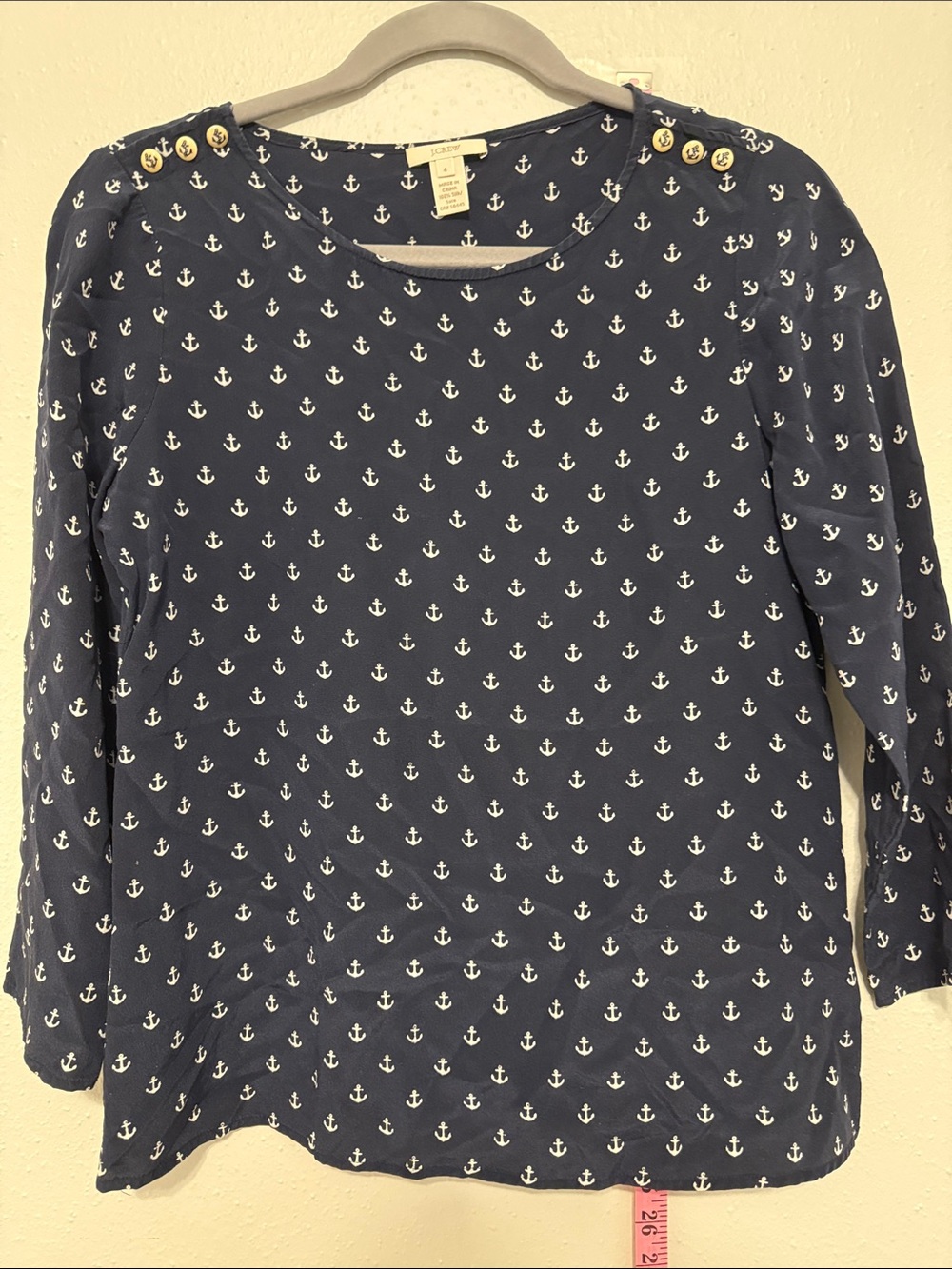 J. Crew Silk Anchor Print Long Sleeve Top